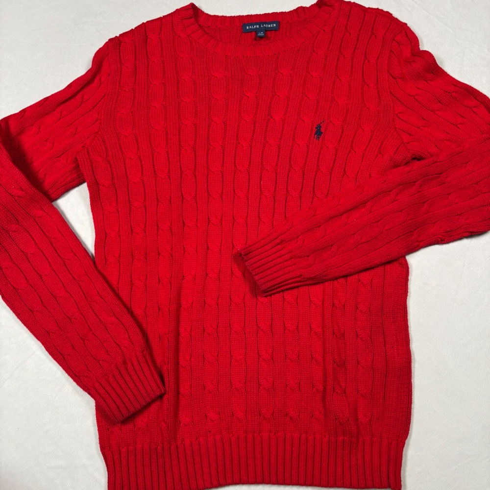 Ralph Lauren Sweater Mens Large Red Cable Knit Cotton Crewneck Long Sleeve Pony - Picture 2 of 11